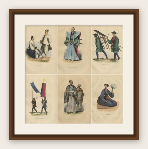 Vibrant Handcolored Depictions of Japanese Costumes from 1844, shown framed