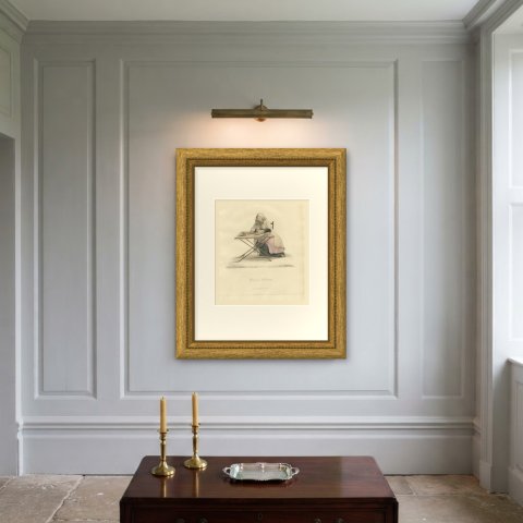 Woman of Valenciennes at her Table, Antique Ackermann Print, 1817, shown framed on a wall