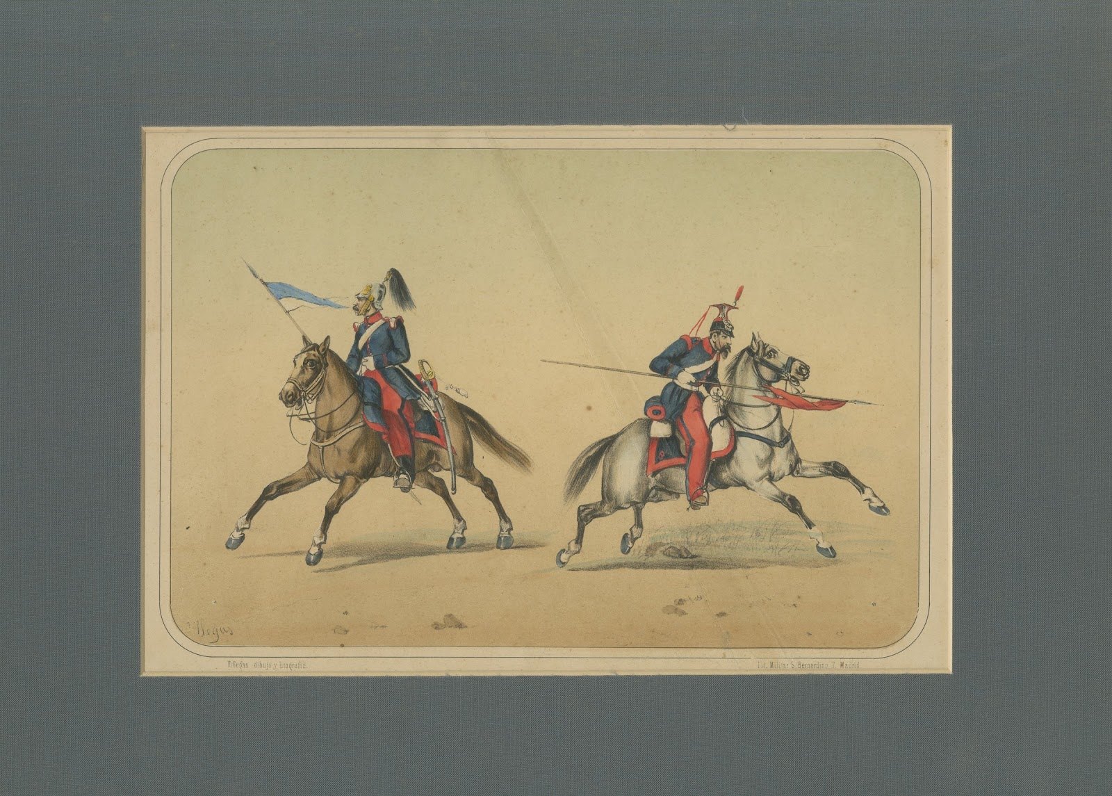 Spanish Cavalry Lithograph by José Rubio y Villegas: Lancers, 1861