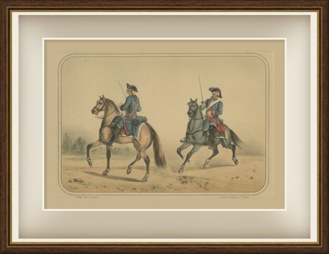 Two Spanish Cavalrymen in Tricorn Hats, Villegas Lithograph, Madrid, 1861, shown framed