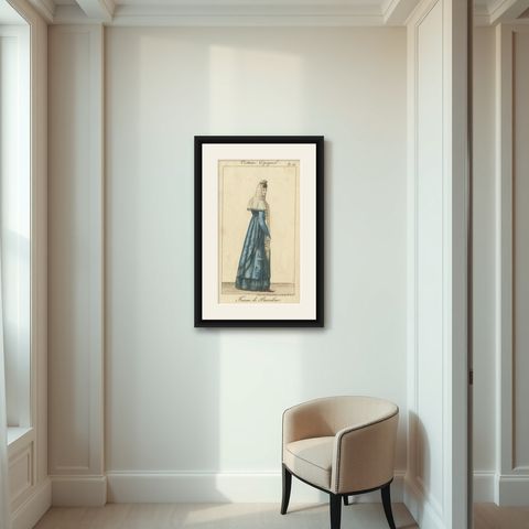 Woman of Barcelona, Hand-Colored Engraving from Costume Espagnol, Paris, c.1805, shown framed in a room