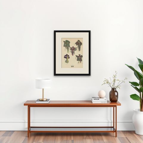 Victorian Splendor: Elegant Shawls and Mantles in Lithograph, Published in 1889, shown framed on a wall