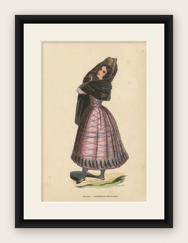 Antique Costume Print of a Lady in Traditional Spanish Costume by Wahlen, 1843, shown framed