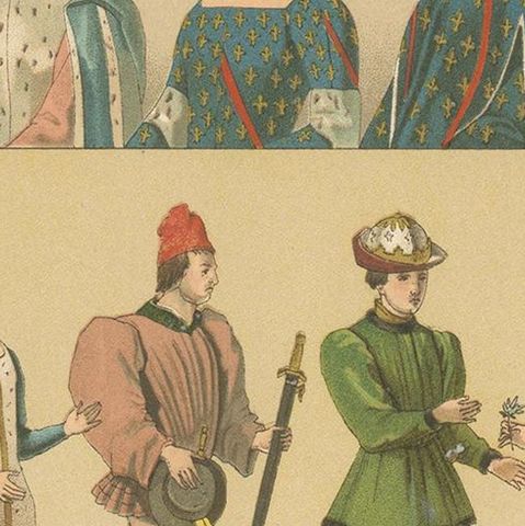 Pl. 20 Antique Print of European Costumes by Racinet, circa 1880, close-up 2