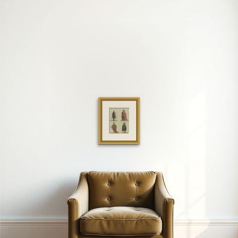 18th-Century Aristocratic and Ceremonial Attire: Handcolored Engraving of 1805, shown framed on a wall