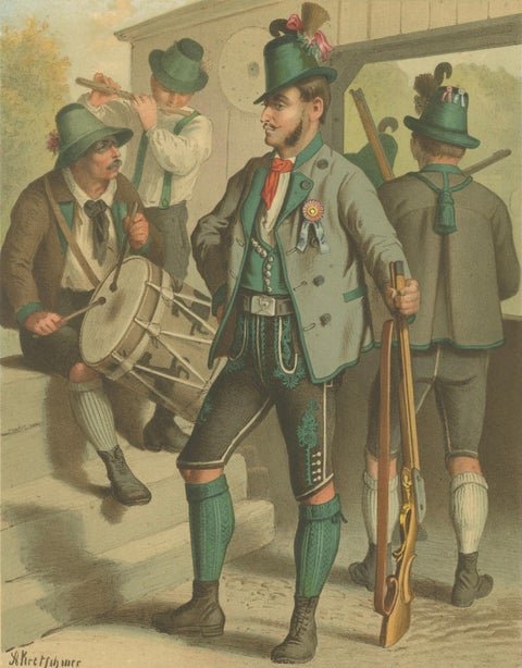 Austrian Folk Costume Prints, Styria, Elegant 19th-Century Pair, Austria, close-up 2