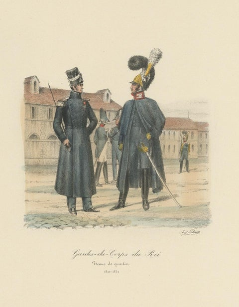 Old Hand-Colored Print of the Guards of the King of France, 1890, close-up 1