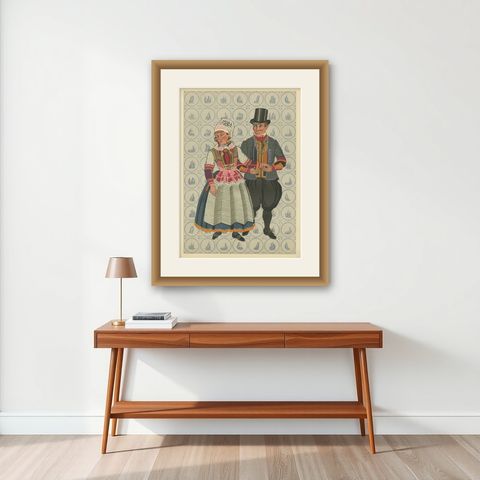 Dutch Folk Couple in Vibrant Marriage Dress from Marken, Netherlands, c.1932, shown framed on a wall