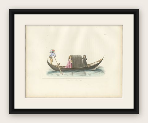 Venetian Noblewoman and Nun in Gondola, Medieval Costume Plate, 1845, shown framed