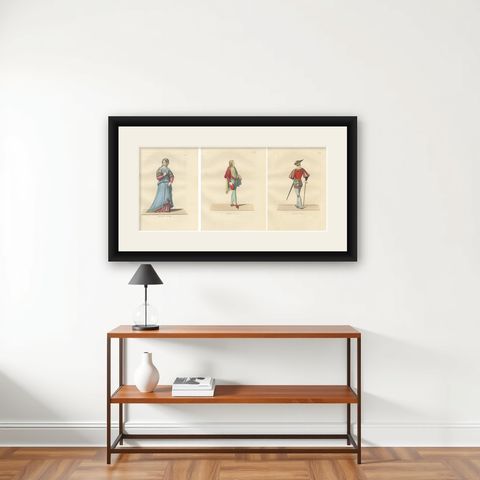 Italian Renaissance Dress: Noblewoman, Page, and Soldier in Fine Detail, 1845, shown framed on a wall