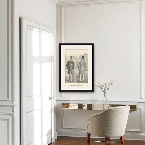 Antique Decorative Print of Men's Fashion, c.1890, shown framed in a room