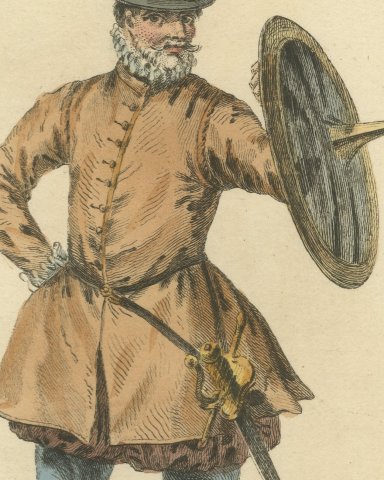 Habit of an English Man in 1577, Sword and Buckler, Jefferys Plate, 1757, close-up 2