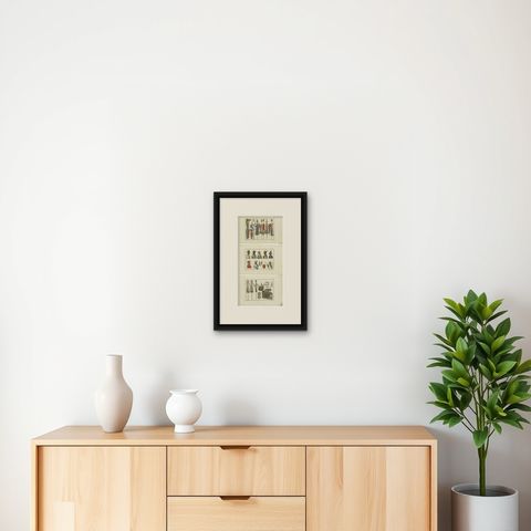 Set of 3 Antique Prints of Turkish Costumes & Utensils in the Middle Ages, 1810, shown framed on a wall