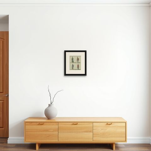 Antique Hand-Colored Print of Turkish or Ottoman Costumes Plate XII, circa 1800, shown framed on a wall