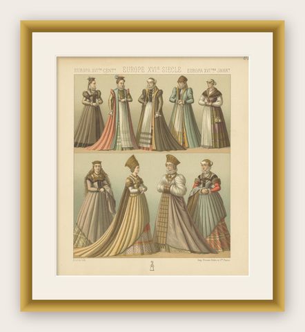 Pl. 63 Antique Print of European 16th Century Costumes by Racinet, circa 1880, shown framed