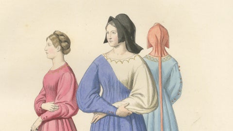 Medieval Women's Costumes c.1300, Hand-Colored Costume Plate, Mercuri 1845, close-up 1