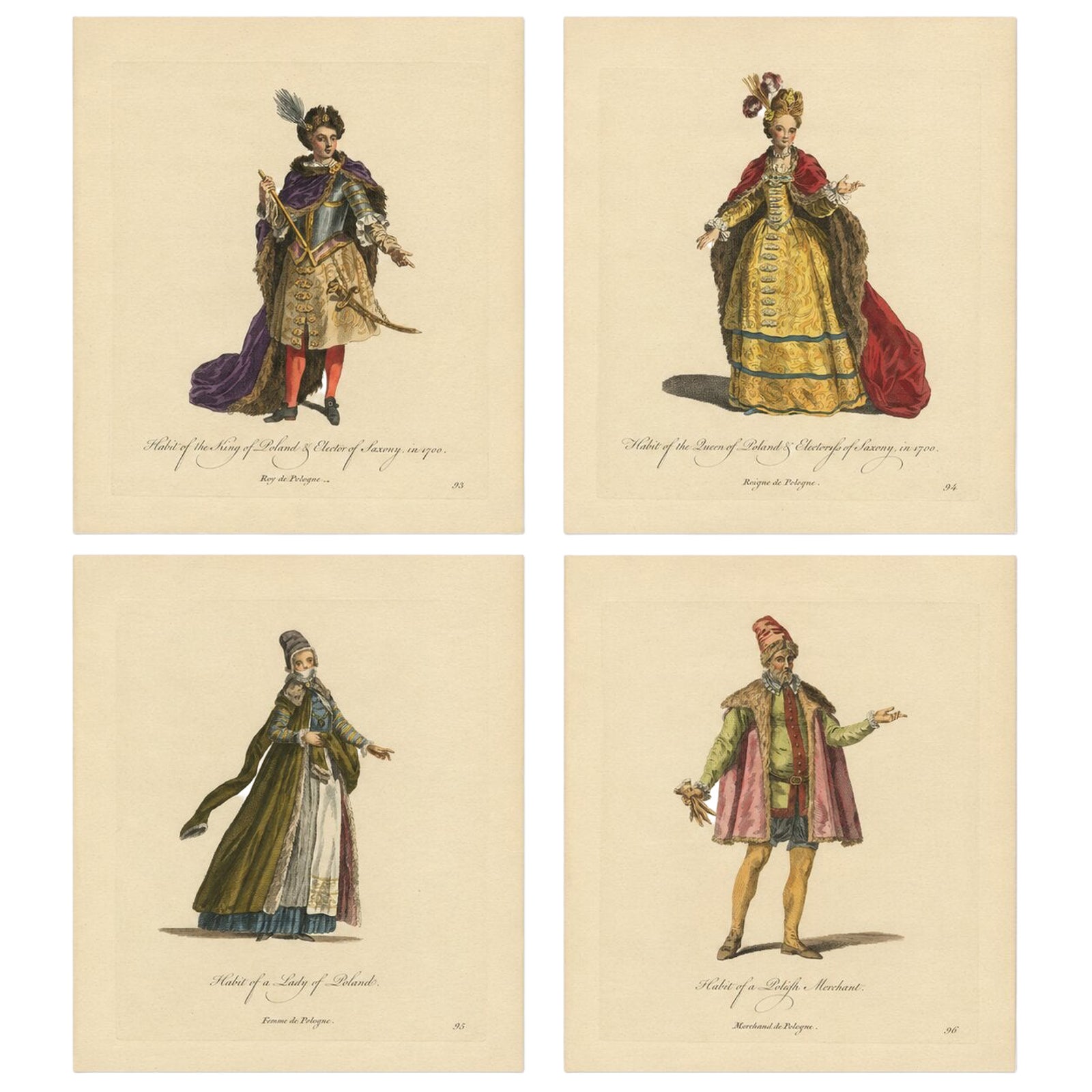 Polish Royal & Noble Costume Engravings, Hand-Colored Set of 4, 1749