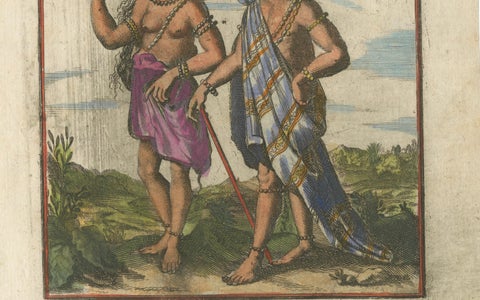 Virginia Indians, Man & Woman in Traditional Dress, Handcolored Engraving, 1683, close-up 1