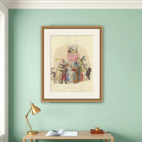 Roman Carnival Costumes & Festivity - 1820 Etching of Celebration, shown framed on a wall