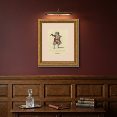 King Richard III Playhouse Habit, Georgian Stage Costume, Jefferys Print, 1757, shown framed on a wall
