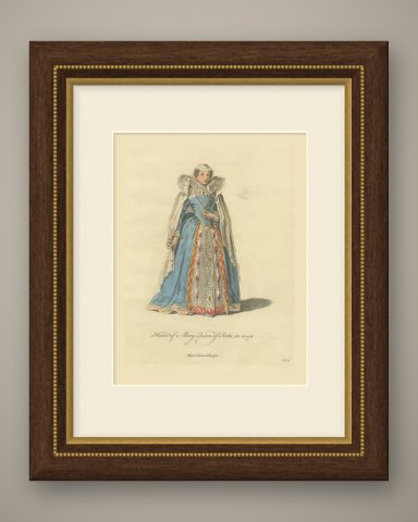 Habit of Mary Queen of Scots in 1570, Hand Colored Jefferys Costume Plate, 1757, shown framed