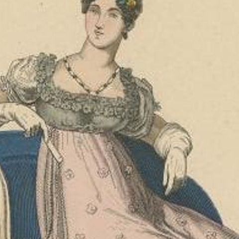 Antique Costume Print of an English Lady in 1814, Published in 1880, close-up 1