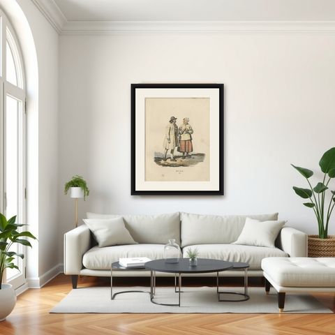 Antique Costume Print of Mora, Dalarna in Sweden, circa 1864, shown framed in a room