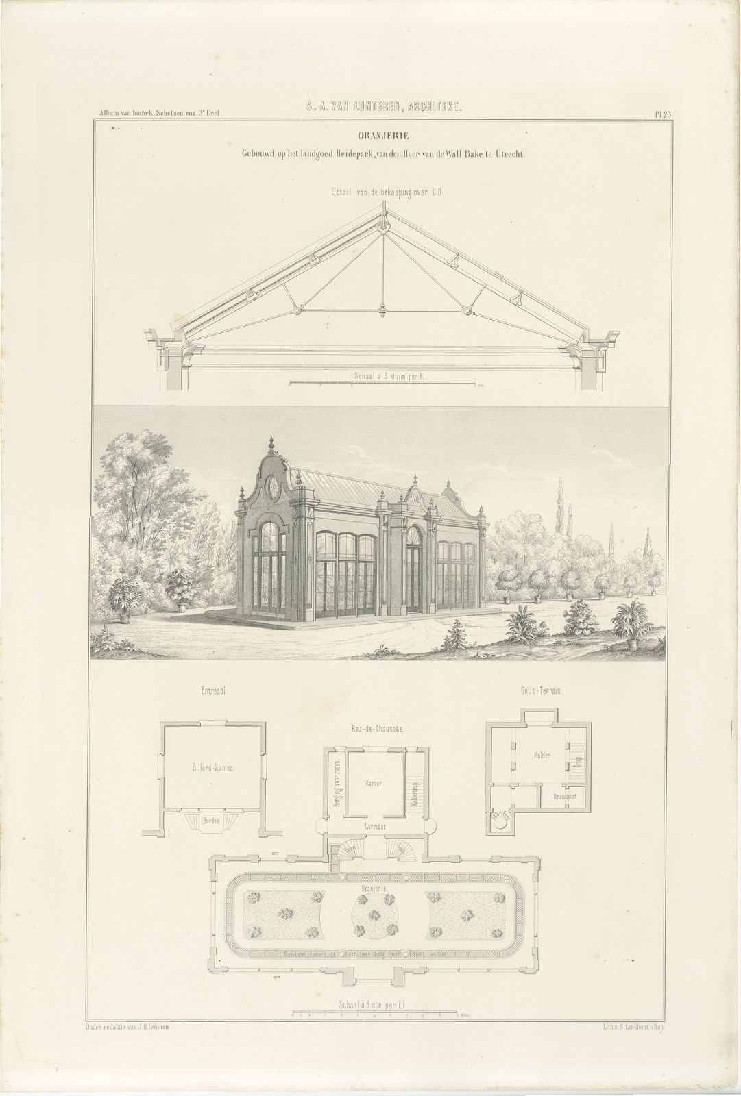 Orangery at Heidepark, Utrecht, Dutch Architecture Print, Leliman, 1865-1866, view 2