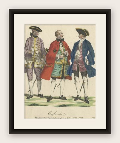 Rare Antique Costume Print Showing Three Gentlemen from England, 1805, shown framed