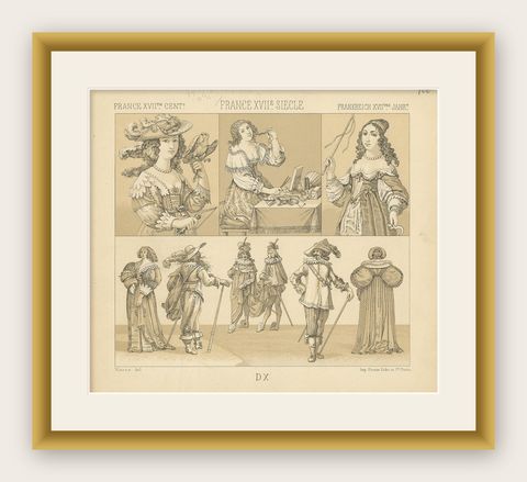 Pl. 100 Antique Print of French 17th Century Costumes by Racinet, circa 1880, shown framed