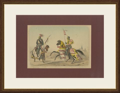 Spanish Cavalry Lithograph by José Villegas: Medieval Knights, 1861, shown framed