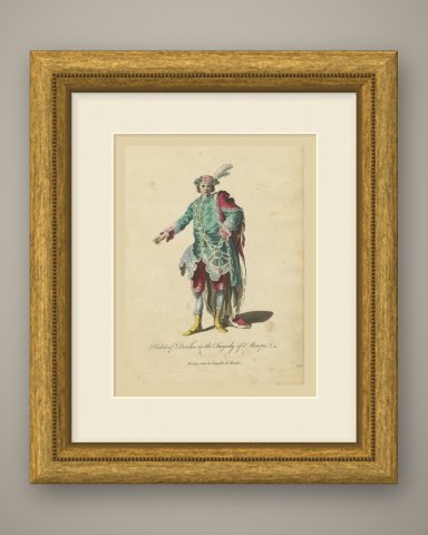 Dorilas in the Tragedy of Merope, Georgian Stage Costume, Jefferys Print, 1757, shown framed