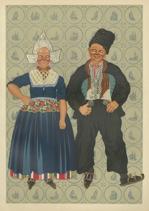 Colorful Volendam Wedding Attire, 19th Century, Antique Dutch Costume Print, close-up 1