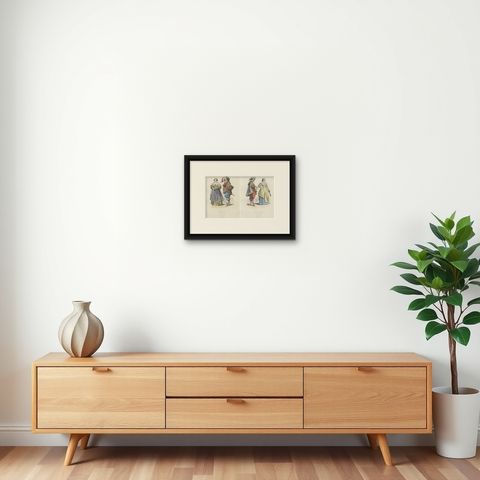 Antique French Costume Prints of Nobles from Lorraine, 1625, Published c.1860, shown framed on a wall