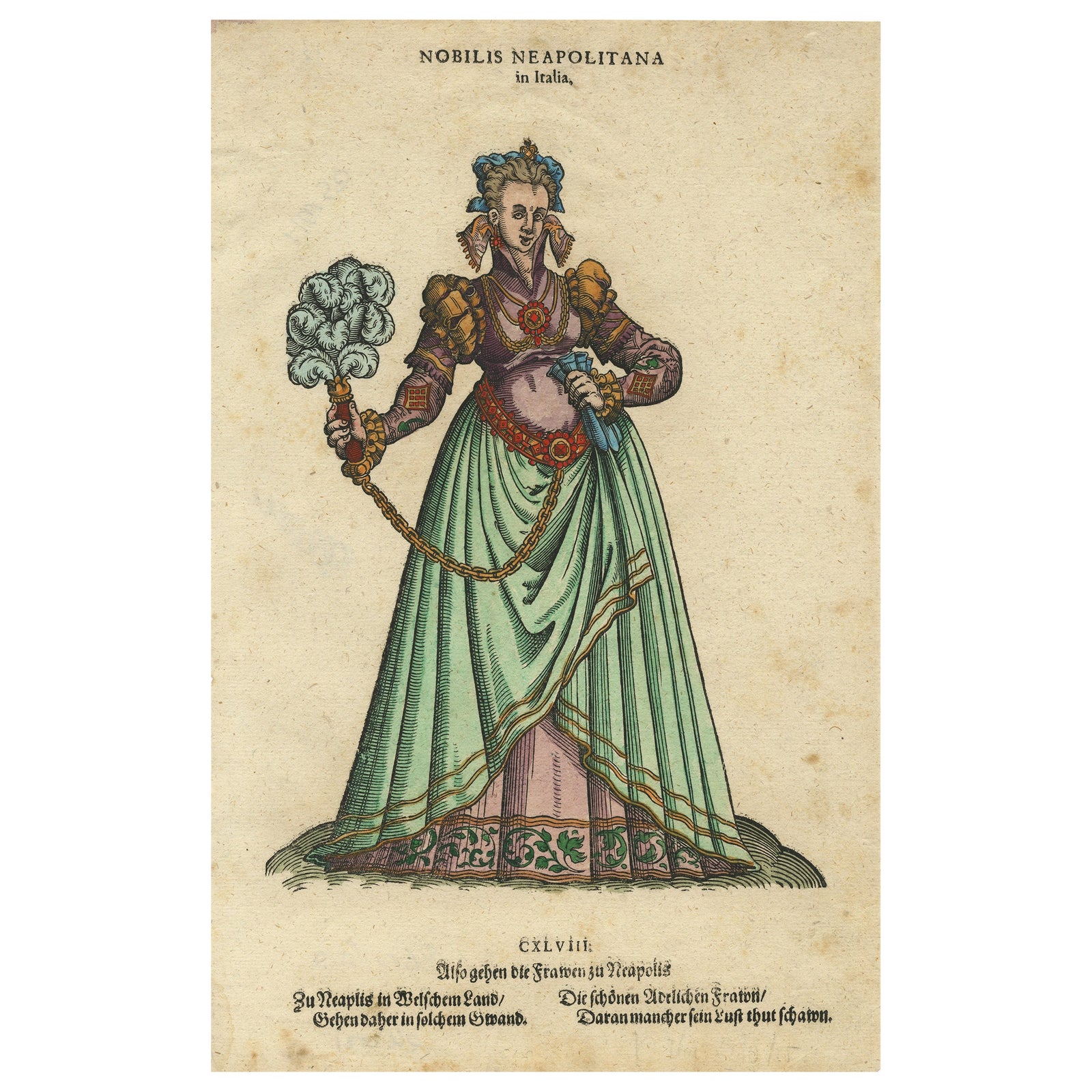 Noblewoman of Naples, Rare Antique Costume Woodcut, Jost Amman, 1577