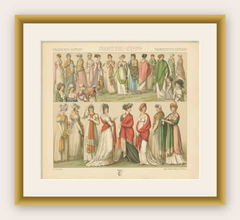Antique Costume Print, French Women’s Fashion 18th–19th Century, shown framed