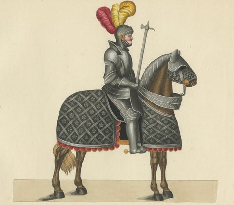 Hand-Coloured Lithograph of Armoured Knight and Horse in Tournament Dress, 1842, close-up 4