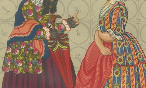 Chromolithograph of Groningen Women in Chintz and Flodder Muts Headdresses, 1932, close-up 1