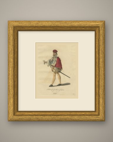 Gentleman of Spain with Crimson Cape and Sword, Jefferys Costume Plate, 1757, shown framed