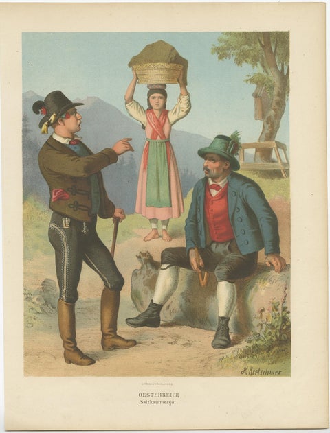 Old Print Showing the Costumes of Austria, Region Salzkammergut, 1870, view 2