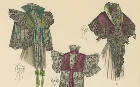 Victorian Splendor: Elegant Shawls and Mantles in Lithograph, Published in 1889, close-up 3