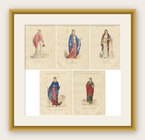 Gaulish to Carolingian Women’s Costume, French Historical Prints, 5-Plate Set, shown framed