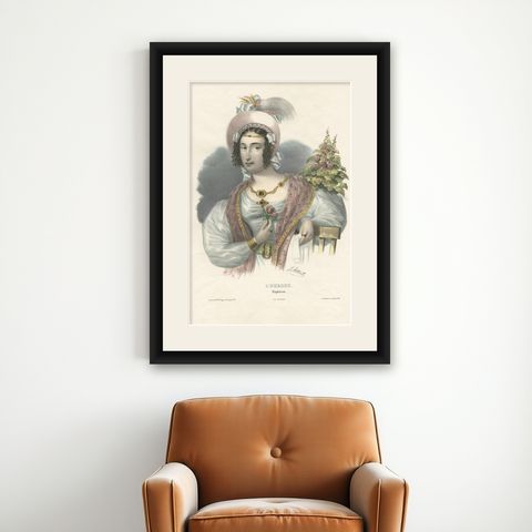 Antique Costume Print of Europe by Lemercier, circa 1840, shown framed on a wall