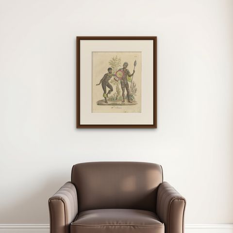 Tribal Tattoos & Warrior Costume, Brodtmann Hand-Colored Lithograph, 1816, shown framed on a wall