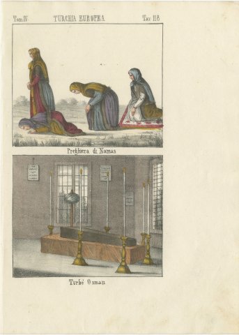 Women at Namaz Prayer and the Tomb of Osman, Hand Colored Lithograph, 1842, view 2