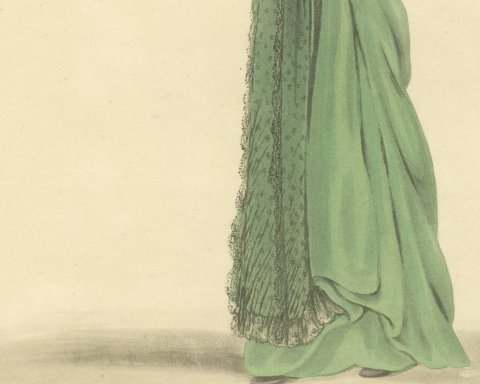 Lady of Rotterdam in a Green Gown, Antique Ackermann Print, 1817, close-up 2