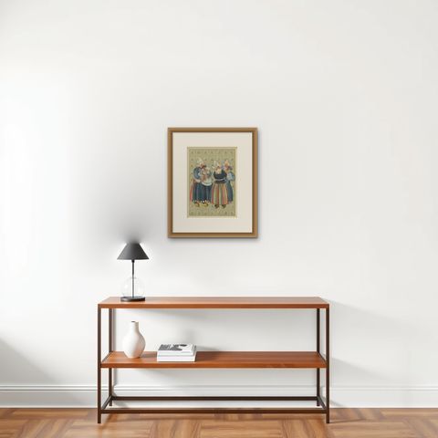 Charming Vintage Print, Women & Children of Volendam in Traditional Dress, 1932, shown framed on a wall