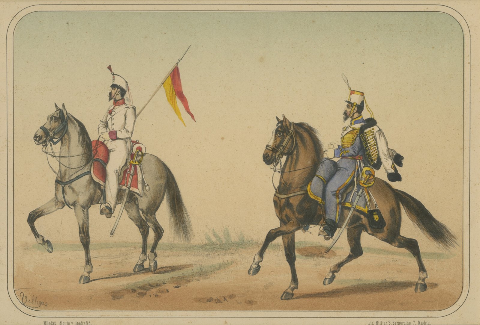Spanish Cavalry Lancer and Hussar, Lithograph by Villegas, Madrid, 1861