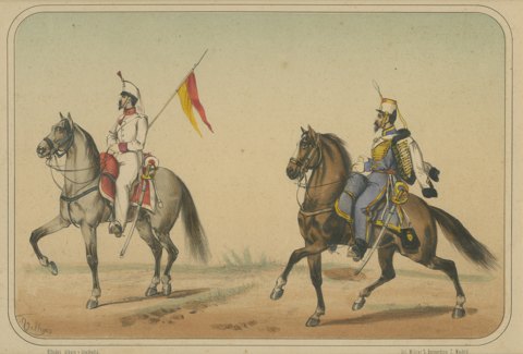 Spanish Cavalry Lancer and Hussar, Lithograph by Villegas, Madrid, 1861