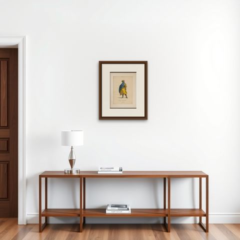 Arabian Moor in Yellow Robe, Antique Hand-Colored Costume Print, 1749, shown framed on a wall